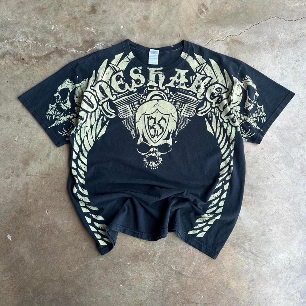 Black and cream insane bone shakers all over print motorcycle t shirt